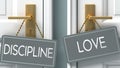 Love or discipline as a choice in life - pictured as words discipline, love on doors to show that discipline and love are