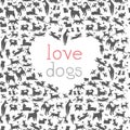 Love for dogs vector background, different dog breeds