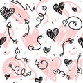 Love doodle background with hearts and arrows. Royalty Free Stock Photo