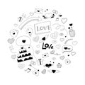 Love doodle elements set in circle - cake, hearts, lettering, messages, flowers, wedding icons, valentine card Royalty Free Stock Photo