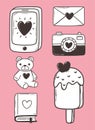 Love doodle icon set phone camera mail ice cream bear book pink background