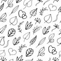 Love doodle leaves and heart catoon style isolated on white. Romantic black and white hand drawn vector seamless pattern