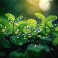 Love Earth concept water drops on fresh green leaves, sunlight Royalty Free Stock Photo