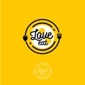 Love Eat logo Cafe or restaurant emblem. Plate with fork spoon and fried eggs.