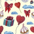 Love elements pattern. Love and sweets template design. Watercolor pattern whit cupcake, red heart lolipop, heart shaped