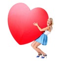 Love, emoji and portrait of woman with red heart in studio for valentines day, poster or board on an isolated white Royalty Free Stock Photo