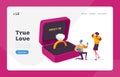 Love, Engagement and Marriage Landing Page Template. Man Stand on Knee with Ring in Box Making Proposal to Woman Royalty Free Stock Photo