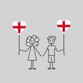 love England sketch, girl and boy with a heart shaped balloons, black line vector illustration Royalty Free Stock Photo