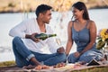 Love is about enjoying the little things in life. a young couple drinking champagne while on a picnic at a lakeside. Royalty Free Stock Photo