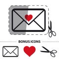 Love Envelope With Scissor And Cut Line - Vector Sticker Illustration - Bonus Icons - Isolated On White