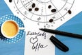 Love for espresso coffee with horoscope in blue and white colors