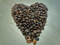 Love expressed through heart-shaped coffee beans on a wooden table