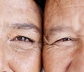 Love, eyes and half with a senior couple closeup, face touching skin wrinkles for romance in retirement. Zoom, elderly