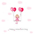 Love fairy with swing. Pink and red ballon and clouds. Happy Valentine`s Day greeting card Royalty Free Stock Photo