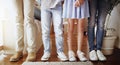 Love, family and closeup of people with shoes standing in a line in the living room of their home. Bonding, together and Royalty Free Stock Photo