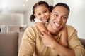 Love, family and girl relax with father on a sofa, playing, bonding and having fun in a living room. Black family Royalty Free Stock Photo