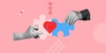 Love, family reunion, relationship concept. Hands with connected puzzle pieces with heart image. Minimalist art collage Royalty Free Stock Photo