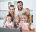 Love, family and video call on laptop with contact for online communication with wave. Woman, man and girl kids on Royalty Free Stock Photo