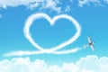 Love figurative heart from a white smoke trail light-engine airplane among the clouds.