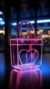 Love-filled neon shopping bag depicts affectionate promotions, adding romantic flair.