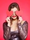 Love from first sight. Woman in stylish dress hold symbol love. Romantic mood. Girl in love dating. Obsession concept