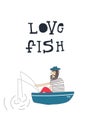 Love fish - Bearded man fisherman sitting in a boat and fishing with fishing rods. Vector illustration Royalty Free Stock Photo