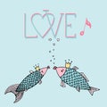 Love fish with with calligraphic inscription, singing fish, kiss fish, love hand drawing