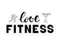 Love fitness black and white lettering with man and woman icons