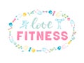 Love fitness lettering framed by fitness icons