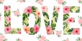 Love floral background with floral letters, valentines day or mother day banner template, love concept watercolor design, love wor