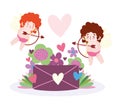 Love flying cupids with arros and bow flowers envelope romantic cartoon