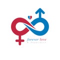 Love Forever conceptual logo, vector symbol created with infinity loop and male Mars an female Venus signs. Relationship creative Royalty Free Stock Photo