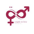 Love Forever conceptual logo, vector symbol created with infinity loop and male Mars an female Venus signs. Relationship creative Royalty Free Stock Photo