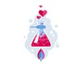 Love Formula. Chemical flask with flying hearts