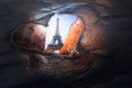 Love France Concept. Reflection of Eiffel Tower Through Puddle in Shape of Heart. 3d Rendering