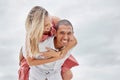 Love, freedom and couple embrace at beach, happy and relax on summer vacation together. Portrait of interracial man and Royalty Free Stock Photo