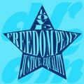 Love Freedom Peace Justice and Equality in blue star symbol