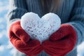 Love is in the frosty air hands in mittens create heart