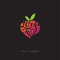 Love fruit market logo or fresh fruit emblem. Fruit like heart with the letters and leaves. Royalty Free Stock Photo