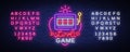 Love Game neon sign vector. Casino Slot Machines Logo in the neon style, gambling symbol, light banner, bright neon Royalty Free Stock Photo