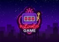 Love Game neon sign vector. Casino Slot Machines Logo in the neon style, gambling symbol, light banner, bright neon