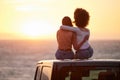 Love, gay and sunset with lesbian couple on car beach for relax, romance and sky mockup space. Lgbtq, freedom and pride Royalty Free Stock Photo