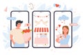 Love gifts on screen of mobile phone, girlfriend holding present, boyfriend with bouquet