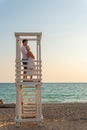 Love girl lifeguard guy pair tower paradise sunrise life safety, for sand saving for shore and security holiday, post