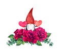 Love gnome with hearts in hands in red rose. Valentine watercolor illustration. Wedding bouquet with romantic flowers