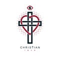 Love of God vector creative symbol design combined with Christian Cross and heart, vector logo or sign. Royalty Free Stock Photo