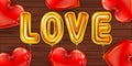 Love gold helium metallic glossy balloons realistic, red heart shape ballons background wood table, party, decoration