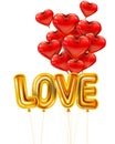 Love gold helium metallic glossy balloons realistic text. Bunch of heart shape flying red balloons, happy Valentines Day Royalty Free Stock Photo