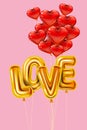 Love gold helium metallic glossy balloons realistic text. Bunch of heart shape flying red balloons, happy Valentines Day Royalty Free Stock Photo