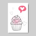 Love greeting card happy valentines day concept sweet cake chat bubble heart icon hand drawn doodle style postcard